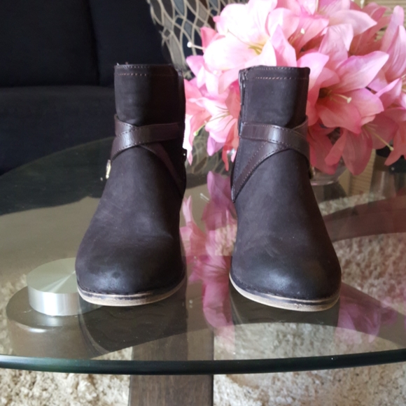 Dark brown scrappy gold buckle ankle booties boots - Picture 3 of 6